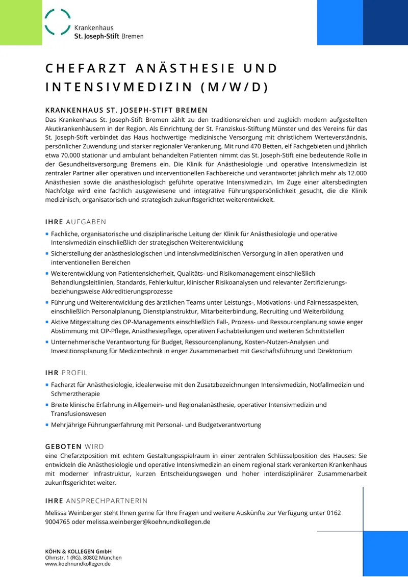 Original-Stellenanzeige Chefarzt Anästhesie und Intensivmedizin (m/w/d) als Vorschau