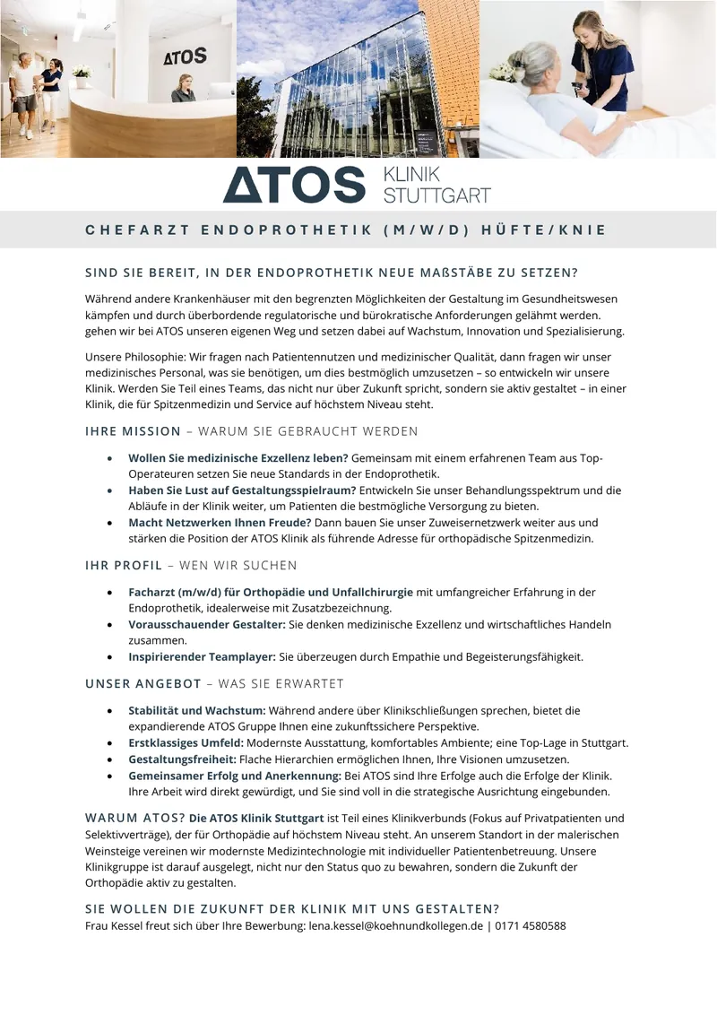 Original-Stellenanzeige Chefarzt Endoprothetik Hüfte/Knie (m/w/d) als Vorschau