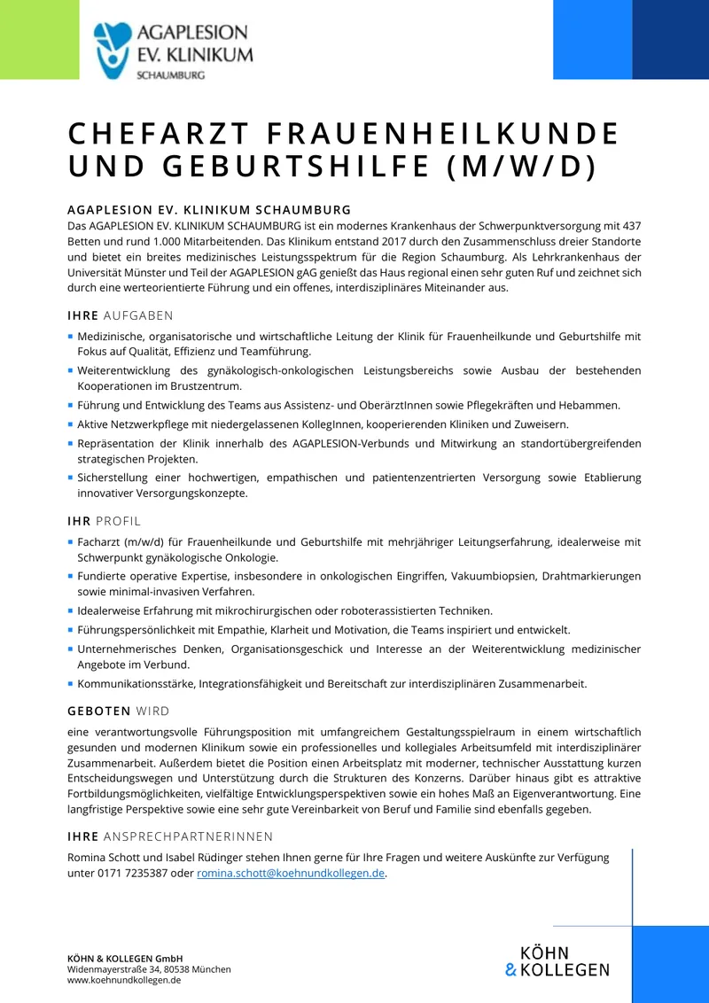 Original-Stellenanzeige Chefarzt Frauenheilkunde und Geburtshilfe (m/w/d) als Vorschau