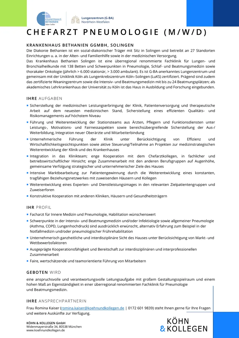 Original-Stellenanzeige Chefarzt Pneumologie (m/w/d) als Vorschau