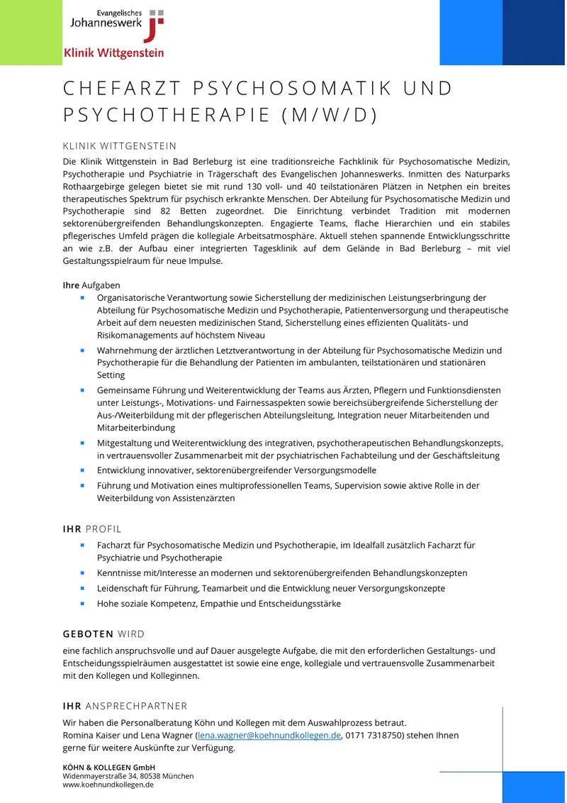 Original-Stellenanzeige Chefarzt Psychosomatik und Psychotherapie (m/w/d) als Vorschau