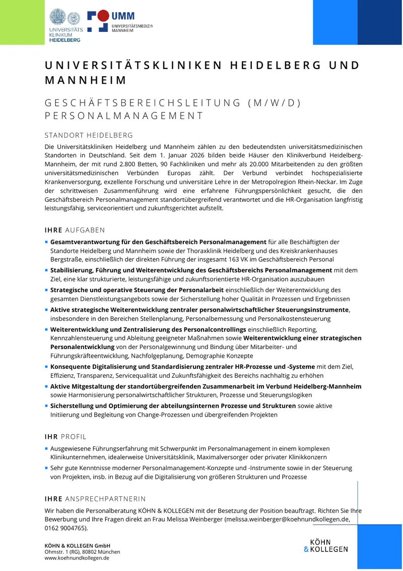 Original-Stellenanzeige Geschäftsbereichsleitung Personalmanagement (m/w/d) als Vorschau