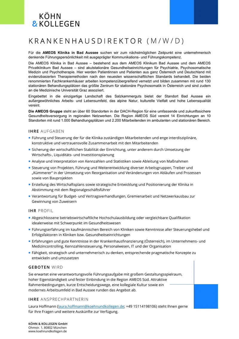 Original-Stellenanzeige Krankenhausdirektor (m/w/d) als Vorschau