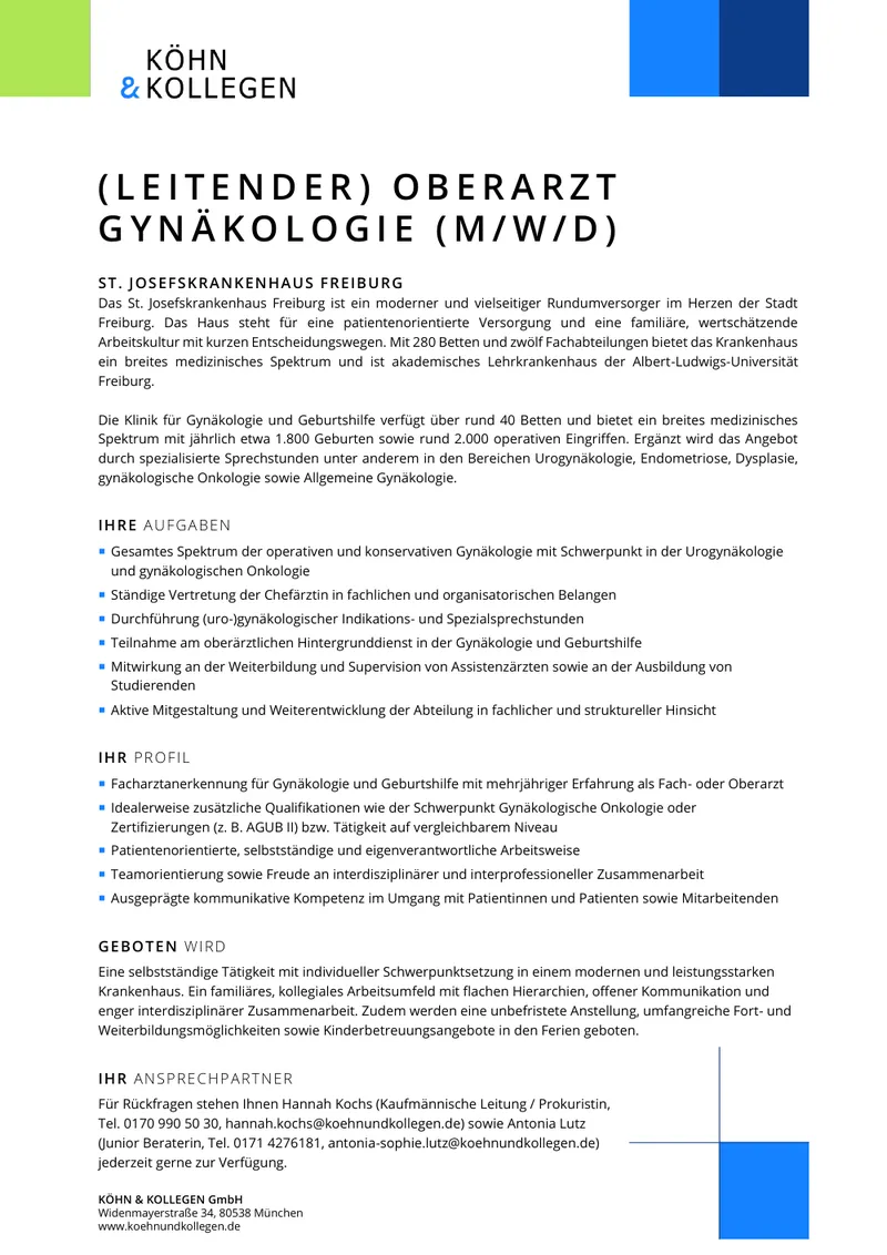 Original-Stellenanzeige (Leitender) Oberarzt Gynäkologie (m/w/d) als Vorschau
