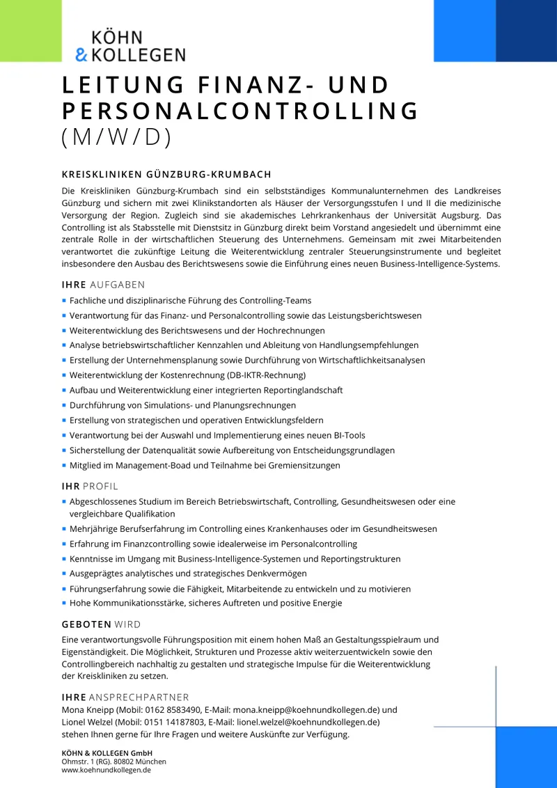 Original-Stellenanzeige Leitung Finanz- und Personalcontrolling (m/w/d) als Vorschau