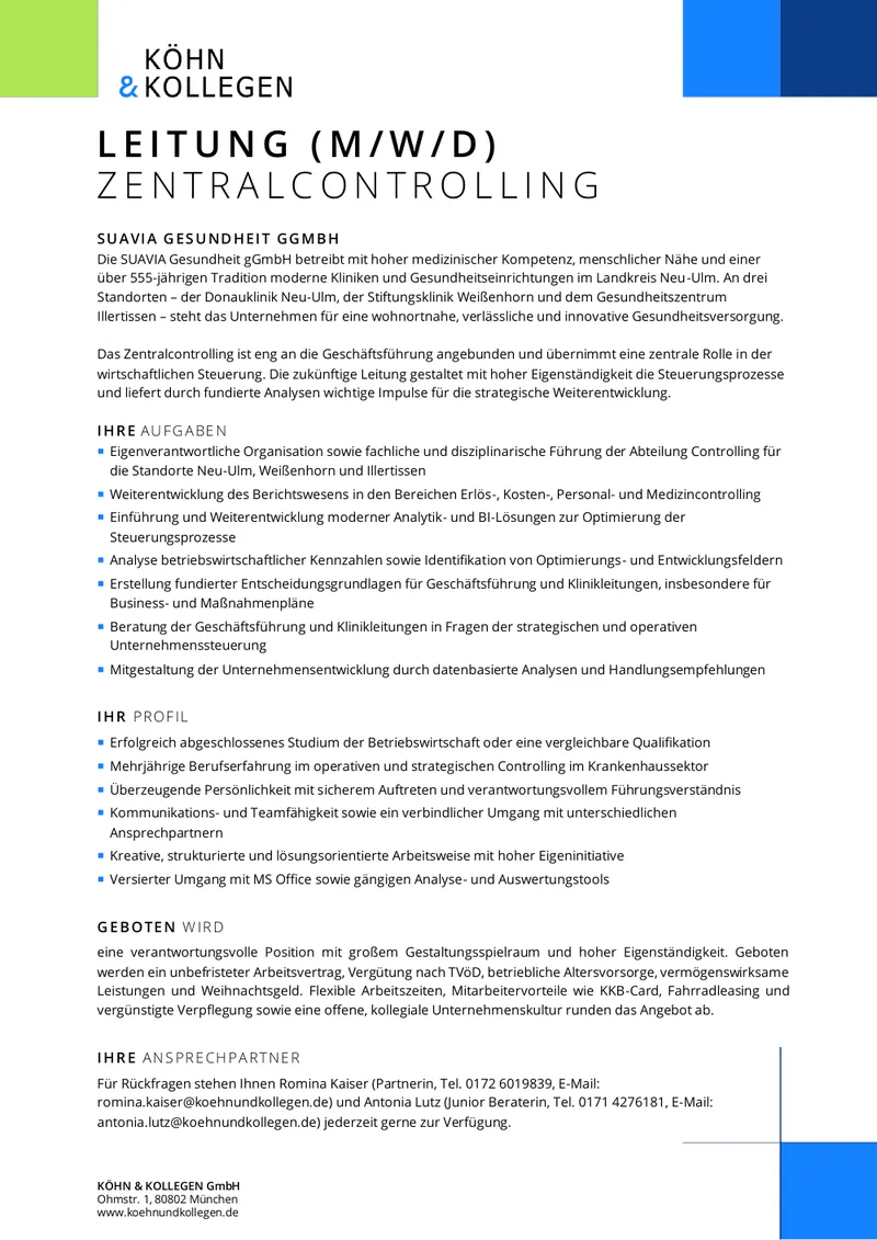 Original-Stellenanzeige Leitung Zentralcontrolling (m/w/d) als Vorschau