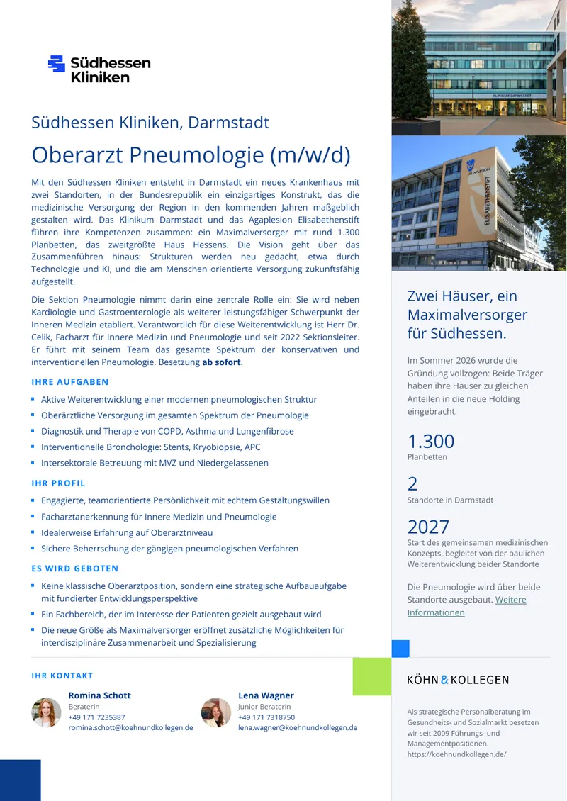 Original-Stellenanzeige Oberarzt Pneumologie (m/w/d) als Vorschau