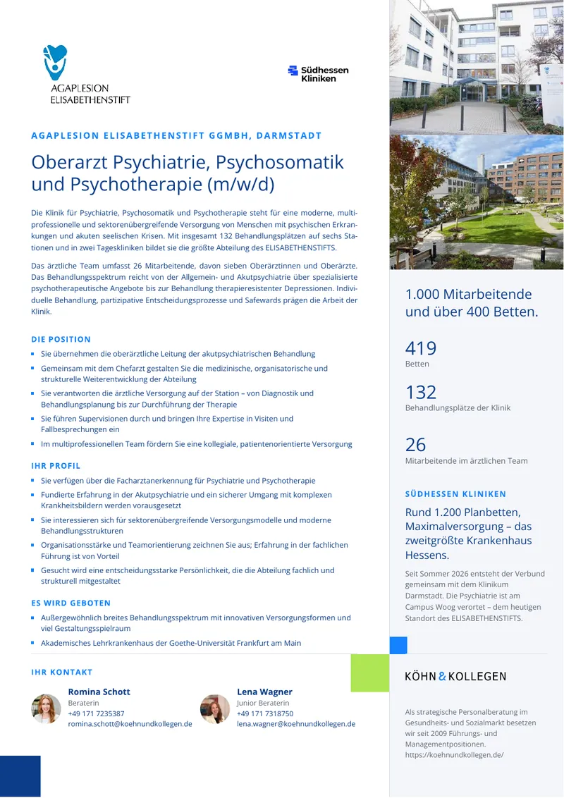 Original-Stellenanzeige Oberarzt Psychiatrie, Psychosomatik und Psychotherapie (m/w/d) als Vorschau