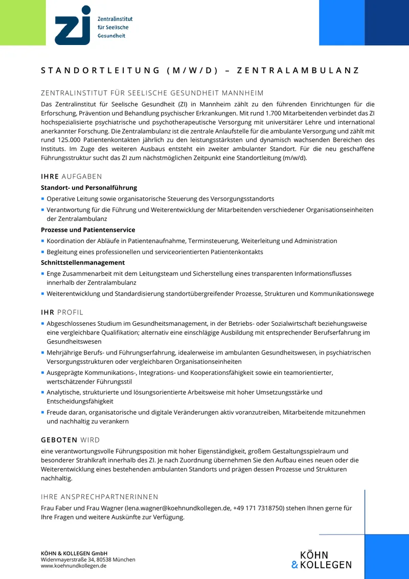 Original-Stellenanzeige Standortleitung Zentralambulanz (m/w/d) als Vorschau